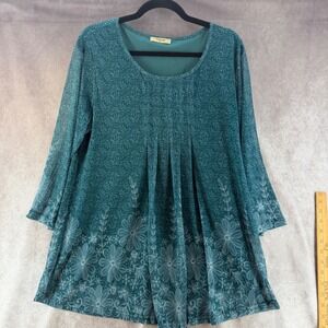 Timeson Womens XL Teal Green Floral Mesh Overlay 3/4 Sleeve Tunic Blouse Boho